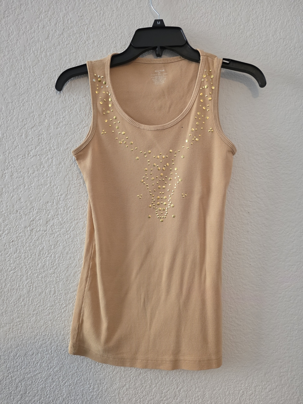 Beige Ribbed Tank Top with Gold Stud Accents